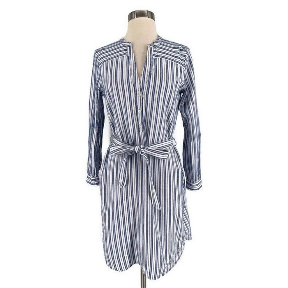 J. Crew Factory Blue and White Striped Long Sleeve Shirt Dress